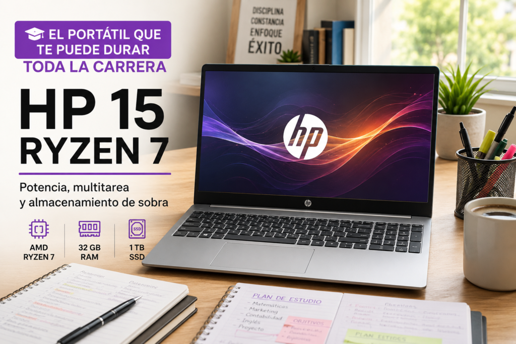 Portátil HP 15 con procesador AMD Ryzen 7 recomendado para estudiantes, universitarios y opositores que buscan rendimiento, multitarea y almacenamiento amplio.