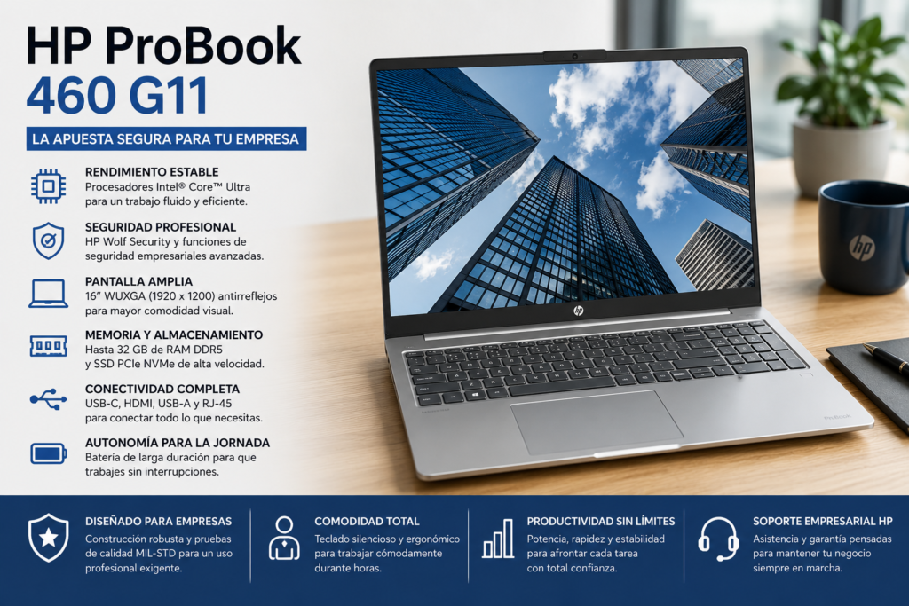 HP ProBook 460 G11, portátil profesional recomendado para empresas por su fiabilidad, rendimiento y seguridad para el trabajo diario.