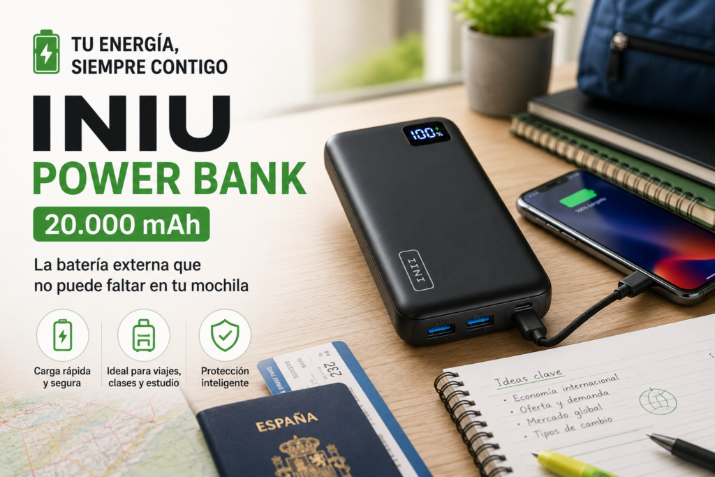 Batería externa INIU de 20.000 mAh recomendada para estudiantes que necesitan autonomía durante clases, viajes y largas jornadas fuera de casa.