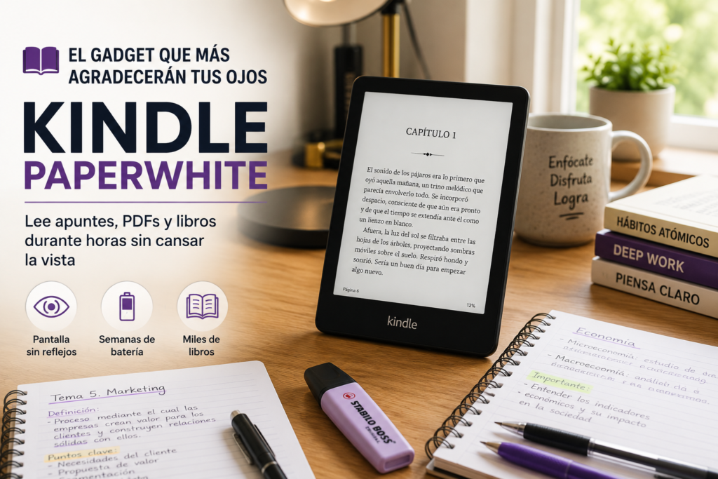Kindle Paperwhite utilizado por un estudiante para leer apuntes, libros y documentos digitales de forma cómoda y sin reflejos.