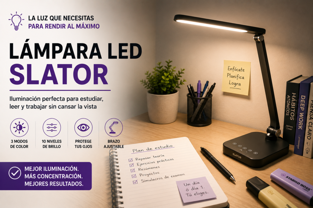 Lámpara LED SLATOR sobre un escritorio de estudio iluminando apuntes y un portátil, ideal para estudiantes que pasan muchas horas leyendo o trabajando.