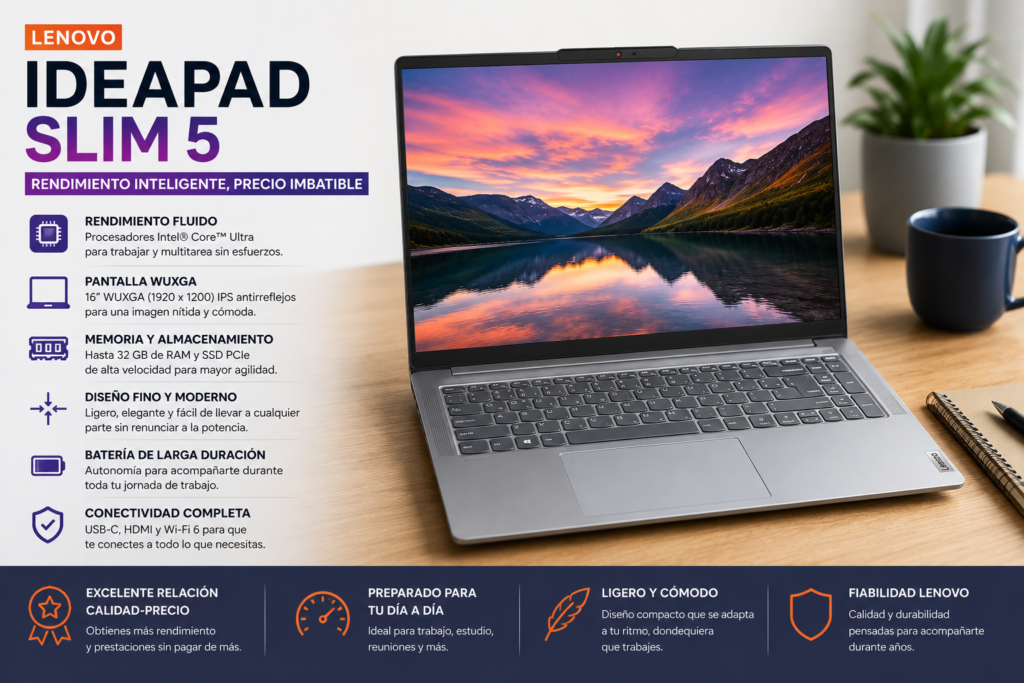 Lenovo IdeaPad Slim 5, portátil recomendado para empresas y autónomos por su excelente relación calidad-precio y rendimiento para trabajar.