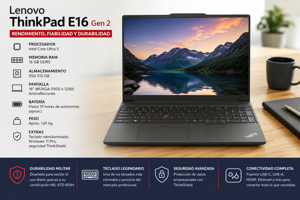 Lenovo ThinkPad E16 Gen 2, portátil profesional recomendado para empresas por su fiabilidad, rendimiento y calidad de construcción.