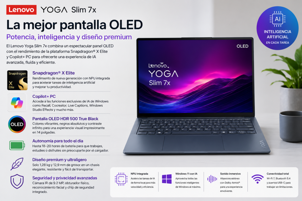Lenovo Yoga Slim 7x con procesador Snapdragon X Elite, pantalla OLED HDR de 14 pulgadas y funciones Copilot+ PC, recomendado por su calidad de imagen y rendimiento con inteligencia artificial.