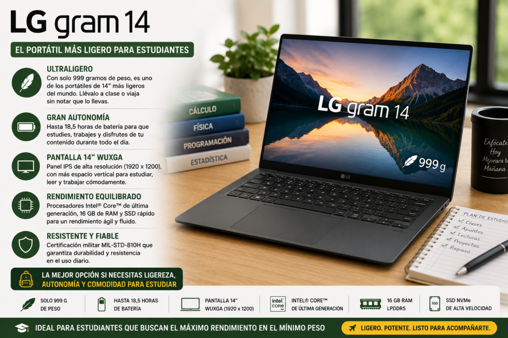 LG Gram 14 recomendado para estudiantes por su diseño ultraligero, gran autonomía y excelente portabilidad, ideal para llevar a clase, estudiar en bibliotecas y trabajar desde cualquier lugar con comodidad.