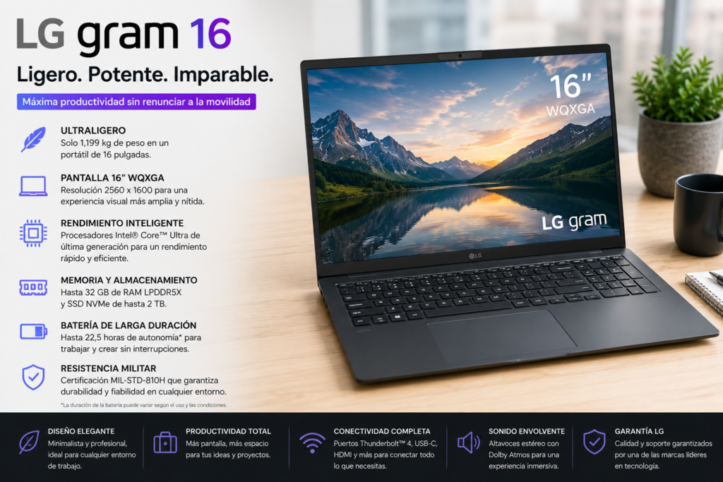 LG Gram 16, portátil ultraligero recomendado para empresas y profesionales por su gran pantalla, autonomía y facilidad de transporte.
