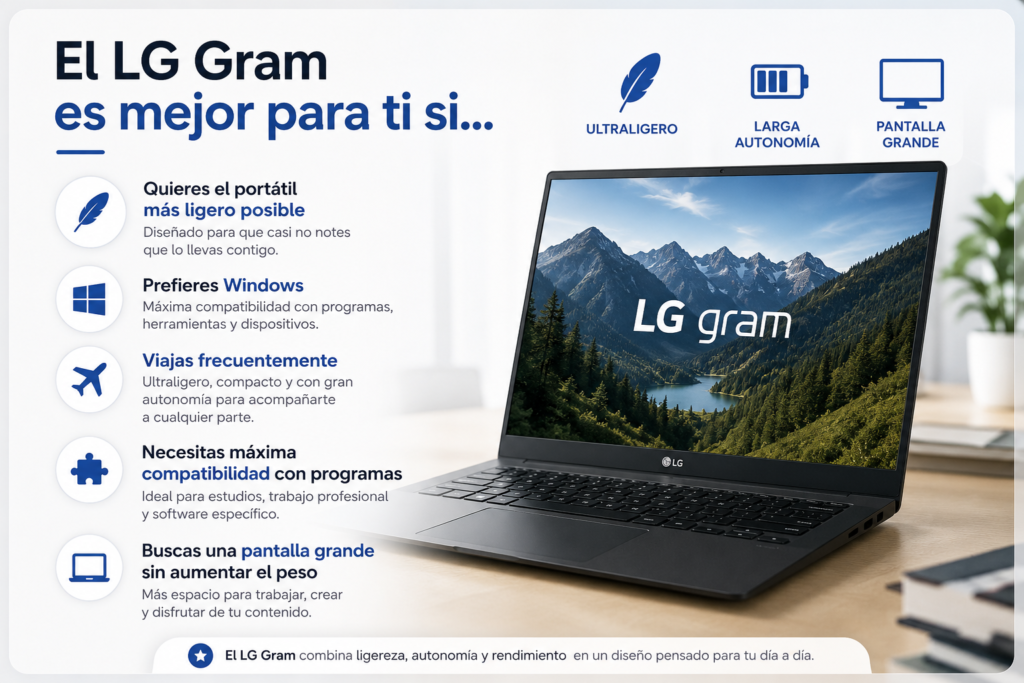 LG Gram recomendado para usuarios que buscan el portátil más ligero posible, prefieren Windows, viajan con frecuencia, necesitan máxima compatibilidad con programas y quieren una pantalla amplia sin aumentar el peso del equipo.