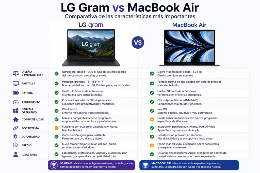 Comparativa entre LG Gram y MacBook Air mostrando las características más importantes como peso, autonomía, pantalla, rendimiento, sistema operativo, portabilidad, compatibilidad de software, calidad de construcción y relación calidad-precio.