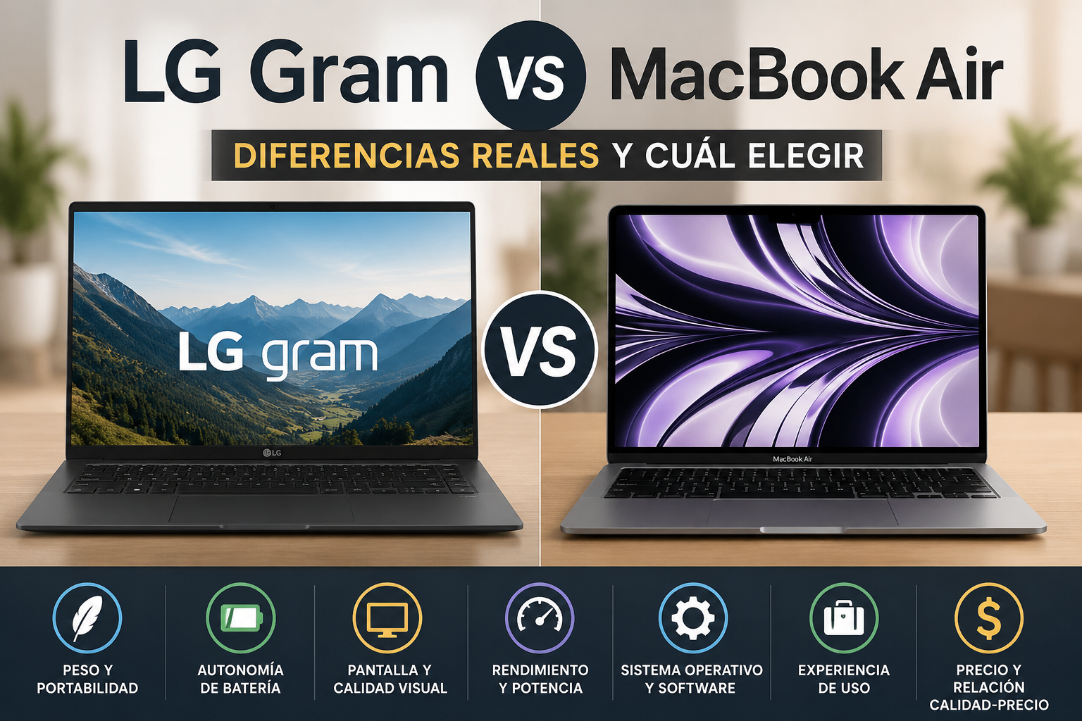 Comparativa entre LG Gram y MacBook Air analizando diferencias en peso, autonomía, pantalla, rendimiento, portabilidad y experiencia de uso para estudiar y trabajar.
