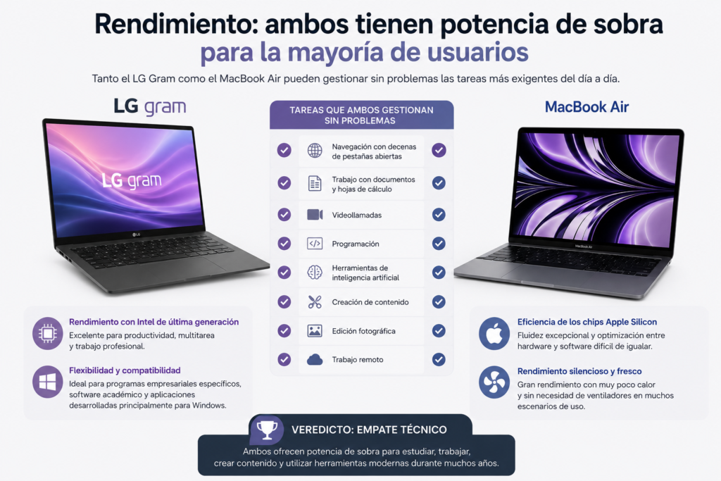 Comparativa de rendimiento entre LG Gram y MacBook Air mostrando diferencias en potencia, eficiencia, multitarea, productividad, programación, creación de contenido y trabajo profesional en Windows y macOS.