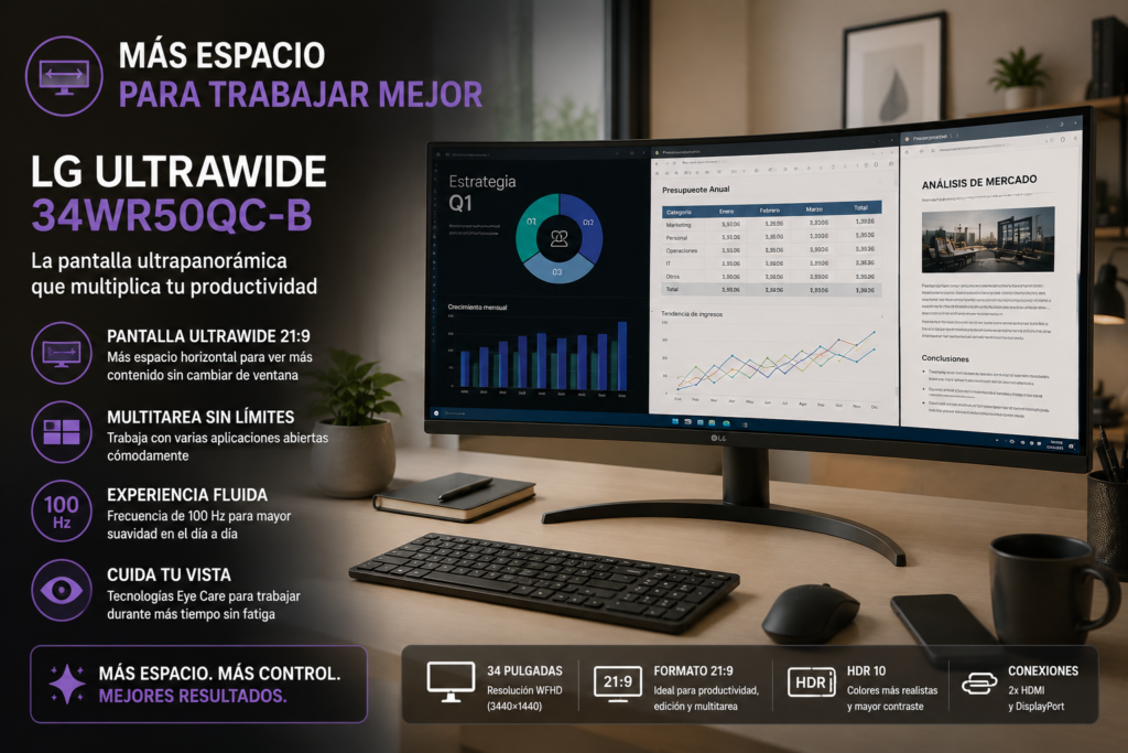 Monitor LG UltraWide 34WR50QK-B de 34 pulgadas recomendado para multitarea, productividad y trabajo con varias ventanas abiertas.