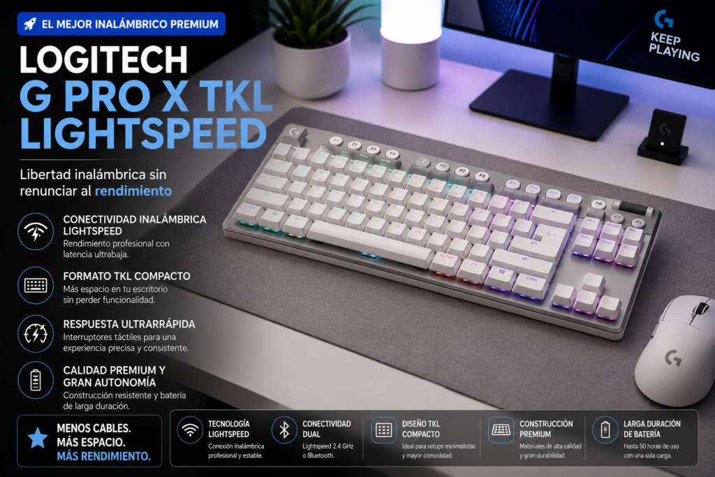 Teclado mecánico Logitech G PRO X TKL Lightspeed inalámbrico con formato TKL, baja latencia y diseño premium para usuarios exigentes.
