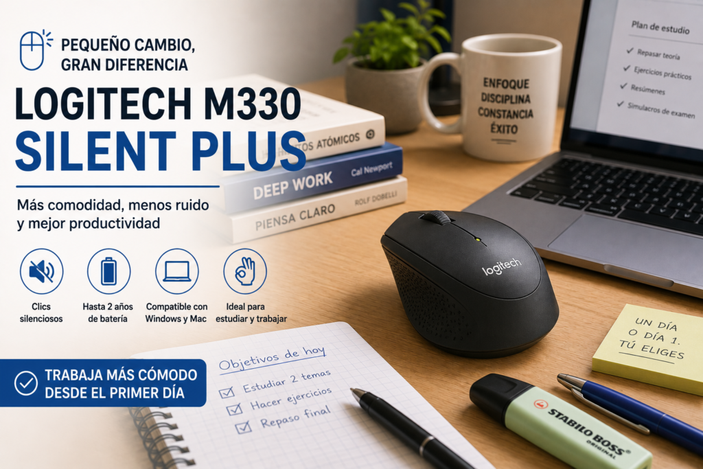 Ratón inalámbrico Logitech M330 Silent Plus recomendado para estudiantes que buscan mayor comodidad y productividad durante largas sesiones de estudio.