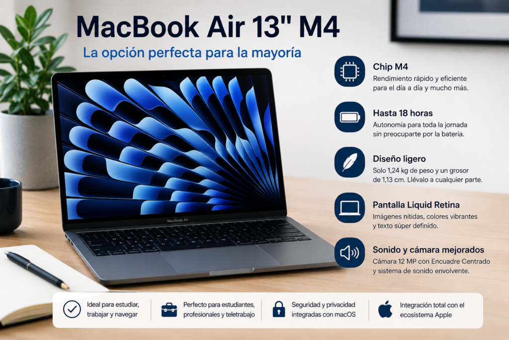 MacBook Air de 13 pulgadas recomendado para estudiantes, trabajadores y usuarios que buscan el mejor equilibrio entre precio y prestaciones.