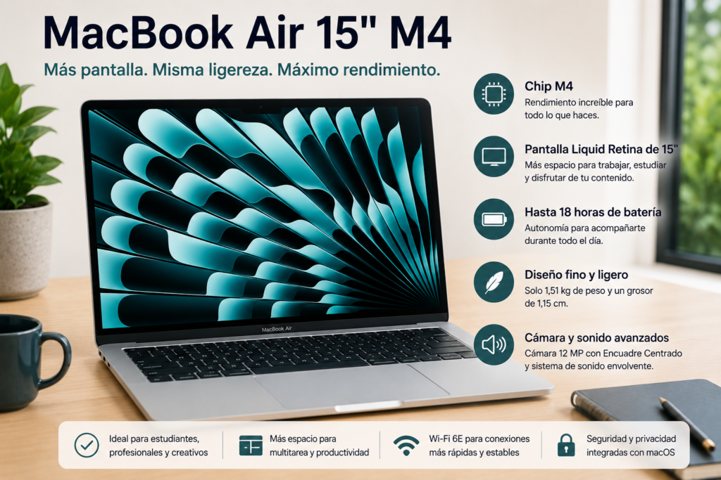MacBook Air de 15 pulgadas recomendado para usuarios que buscan una pantalla más grande para estudiar y trabajar con mayor comodidad.