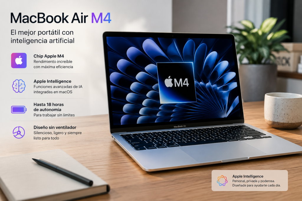 MacBook Air M4 con chip Apple M4 y Apple Intelligence, recomendado como el mejor portátil con inteligencia artificial por su rendimiento, autonomía y eficiencia.