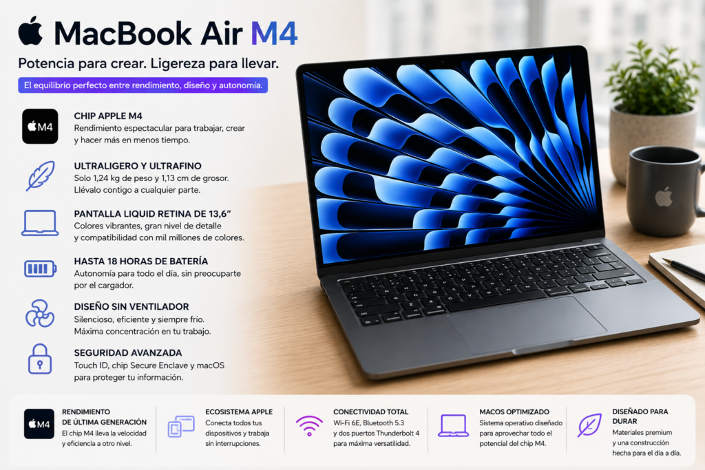 MacBook Air M4, portátil recomendado para empresas y profesionales por su potencia, autonomía y perfecta integración con el ecosistema Apple.