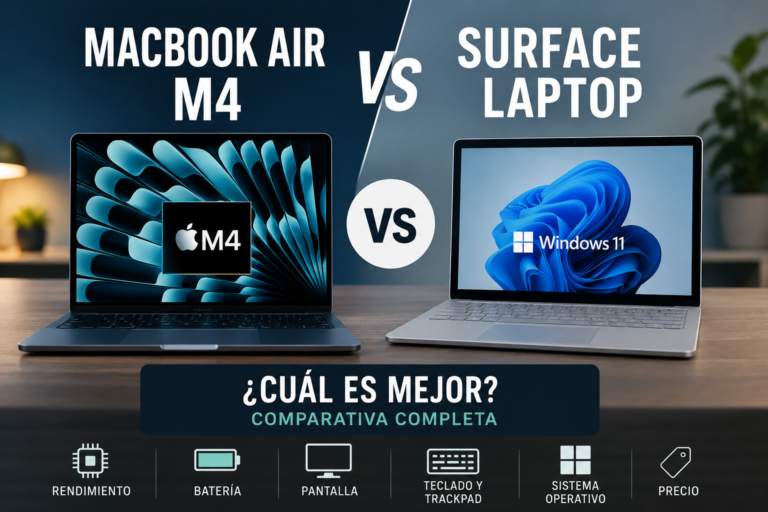 MacBook Air M4 y Surface Laptop frente a frente en una comparativa de diseño, rendimiento, batería, pantalla y relación calidad-precio.
