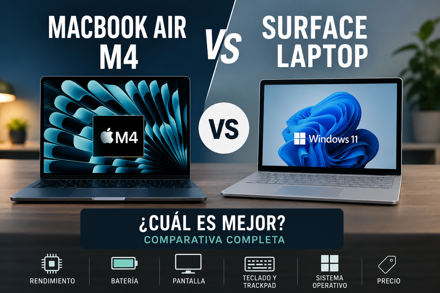 MacBook Air M4 y Surface Laptop frente a frente en una comparativa de diseño, rendimiento, batería, pantalla y relación calidad-precio.