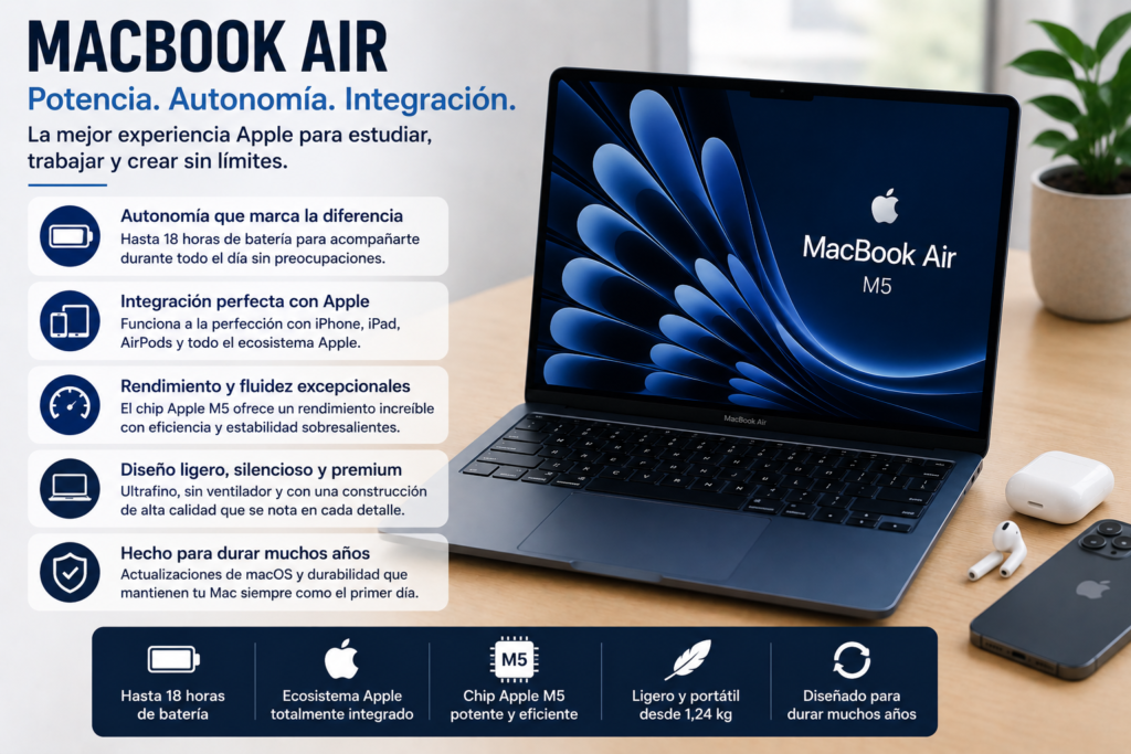 MacBook Air M5 destacado en una comparativa frente al ASUS Zenbook por su autonomía sobresaliente, integración con el ecosistema Apple, diseño premium, fluidez de uso y durabilidad para estudiantes y profesionales.