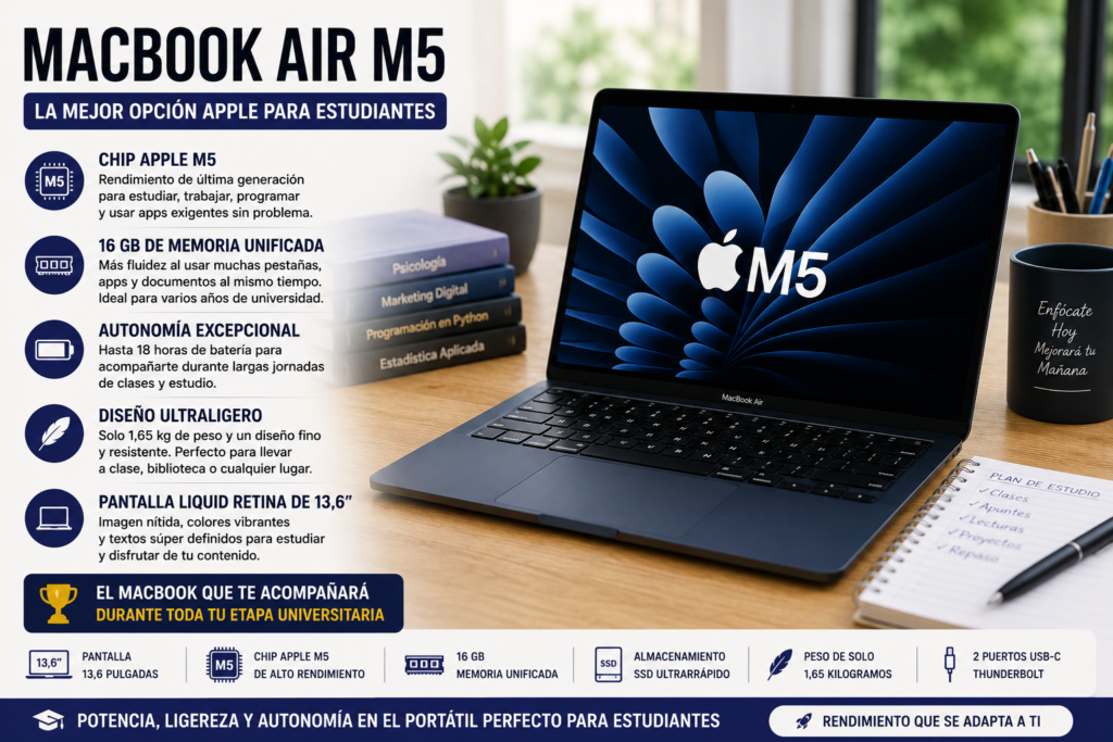 Apple MacBook Air M5 de 13,6 pulgadas recomendado para estudiantes por su gran autonomía, diseño ligero, chip M5 de alto rendimiento y 16 GB de memoria para universidad, clases online y productividad diaria.