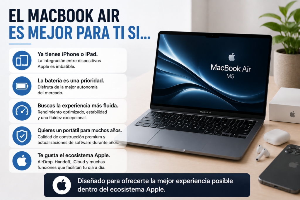 MacBook Air M5 recomendado para usuarios que ya utilizan iPhone o iPad, buscan la máxima autonomía, una experiencia fluida, un portátil duradero y una integración perfecta dentro del ecosistema Apple.