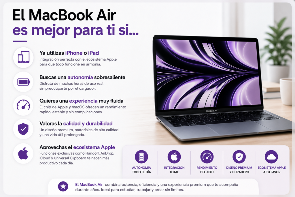 MacBook Air recomendado para usuarios que ya utilizan iPhone o iPad, buscan una autonomía sobresaliente, valoran una experiencia fluida, quieren un portátil duradero y aprovechan las ventajas del ecosistema Apple para estudiar o trabajar.
