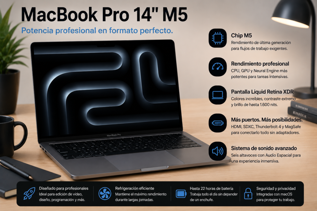 MacBook Pro de 14 pulgadas recomendado para creadores de contenido, programadores y profesionales que necesitan más potencia.