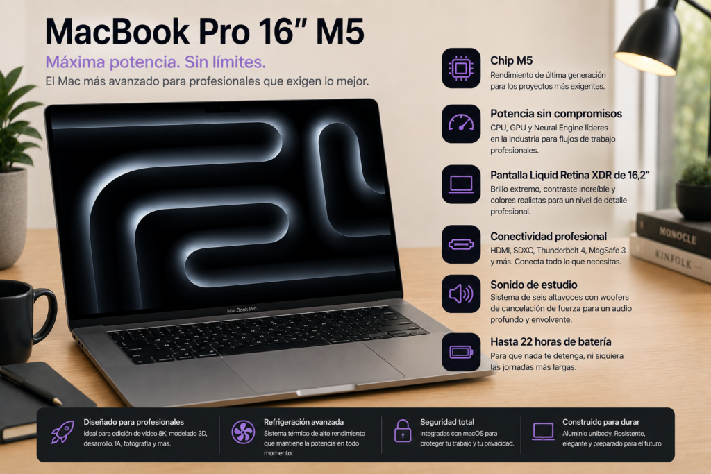 MacBook Pro de 16 pulgadas recomendado para profesionales que necesitan la máxima potencia y una gran pantalla para trabajar.
