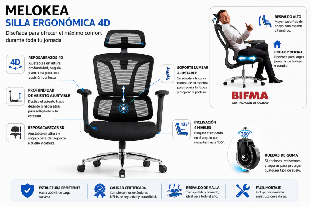 MELOKEA silla ergonómica con reposabrazos 4D, soporte lumbar ajustable, reposacabezas regulable y asiento de profundidad ajustable para trabajar con máxima comodidad.