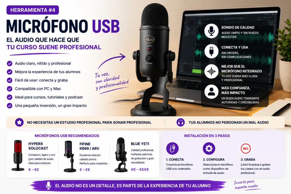 Micrófono USB profesional utilizado para grabar cursos online con audio nítido y de alta calidad, ideal para clases, tutoriales, formaciones digitales y creación de contenido educativo.