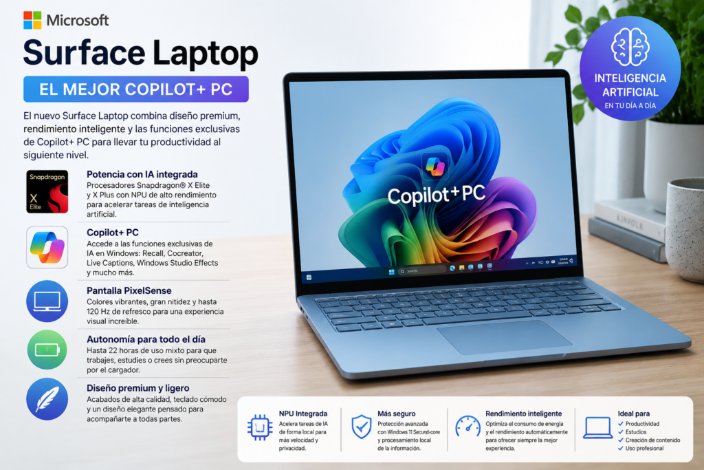 Microsoft Surface Laptop con procesador Snapdragon X Elite/X Plus, pantalla PixelSense y funciones Copilot+ PC, recomendado como uno de los mejores portátiles con inteligencia artificial.
