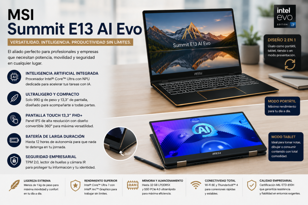 MSI Summit E13 AI Evo, portátil convertible recomendado para empresas y profesionales por su versatilidad, diseño premium y alto rendimiento.