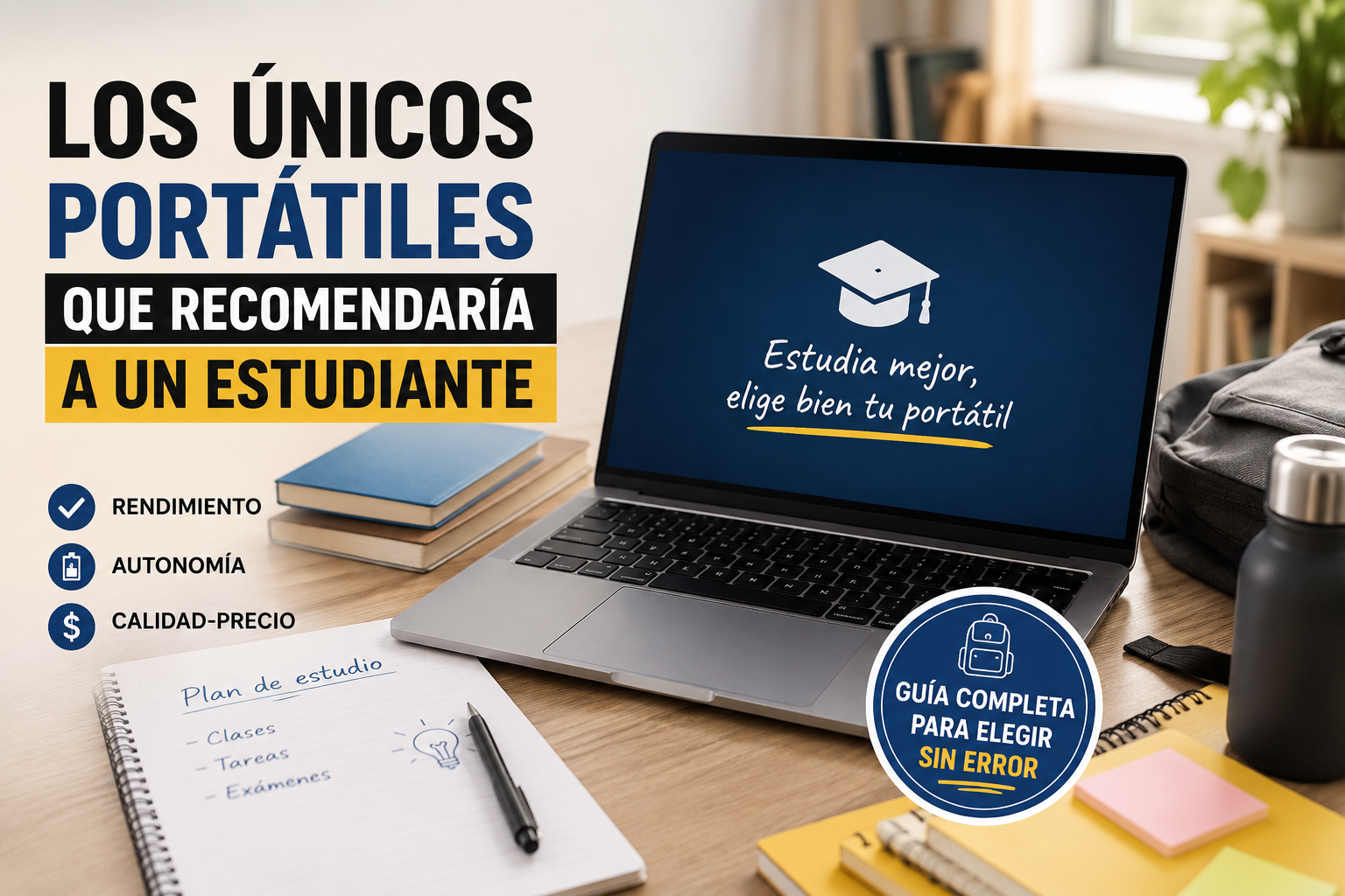 Selección de portátiles recomendados para estudiantes con opciones Windows y MacBook, ideales para universidad, clases online, trabajos académicos y estudio diario con buena autonomía y relación calidad-precio.