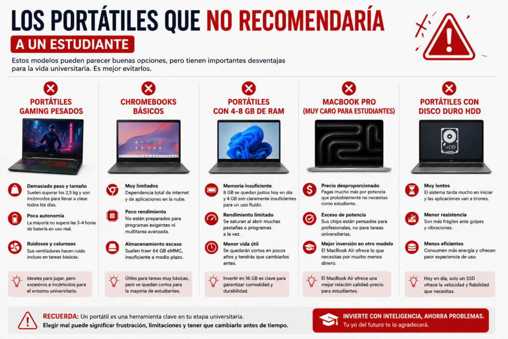 Comparativa de portátiles que no recomendaría a estudiantes, incluyendo Chromebook básicos, portátiles gaming pesados, equipos con poca memoria RAM y modelos que ofrecen una mala relación entre precio, rendimiento y durabilidad.