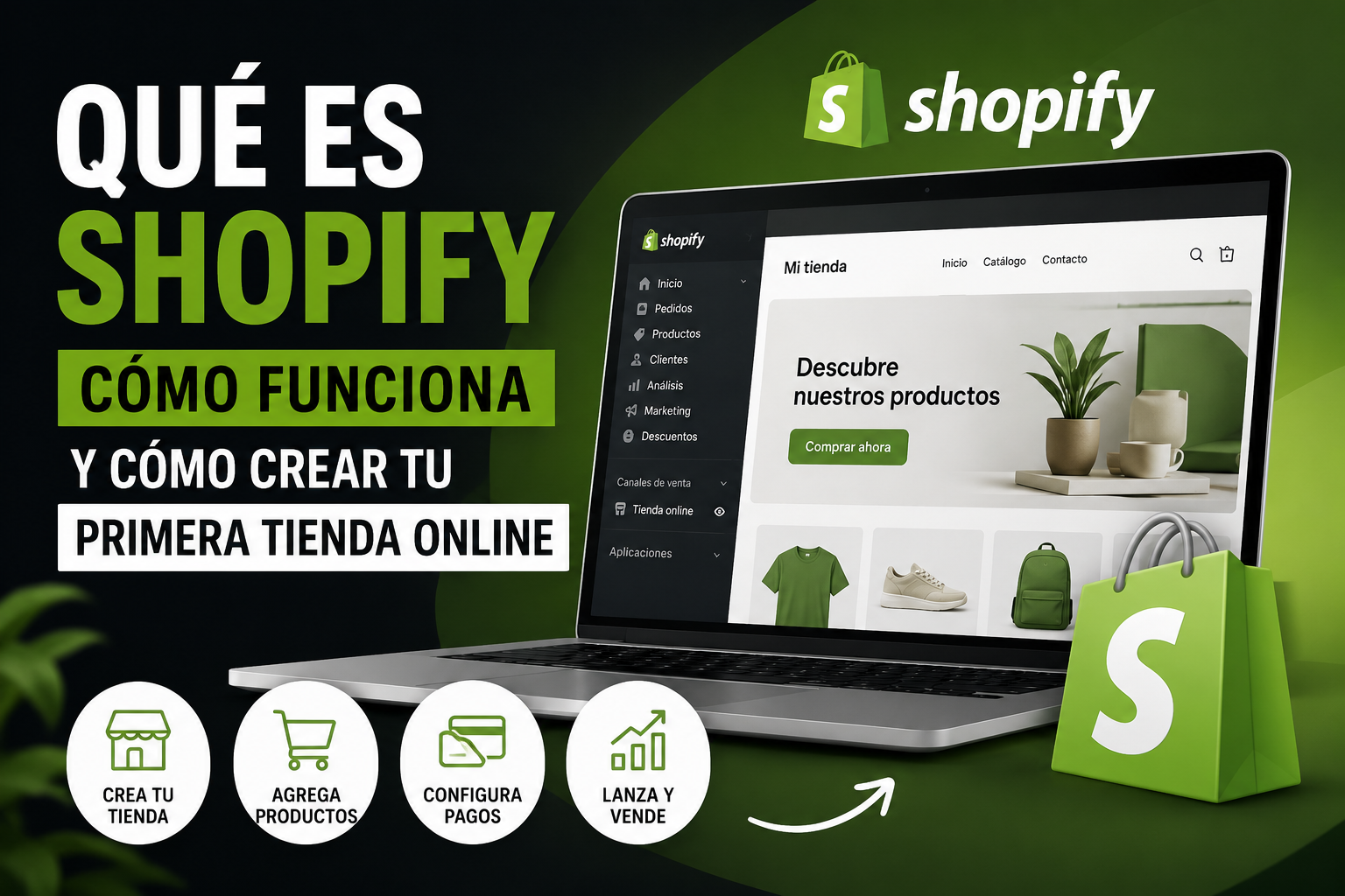Interfaz de Shopify en un portátil mostrando una tienda online, con información sobre qué es Shopify, cómo funciona y cómo crear un ecommerce desde cero.