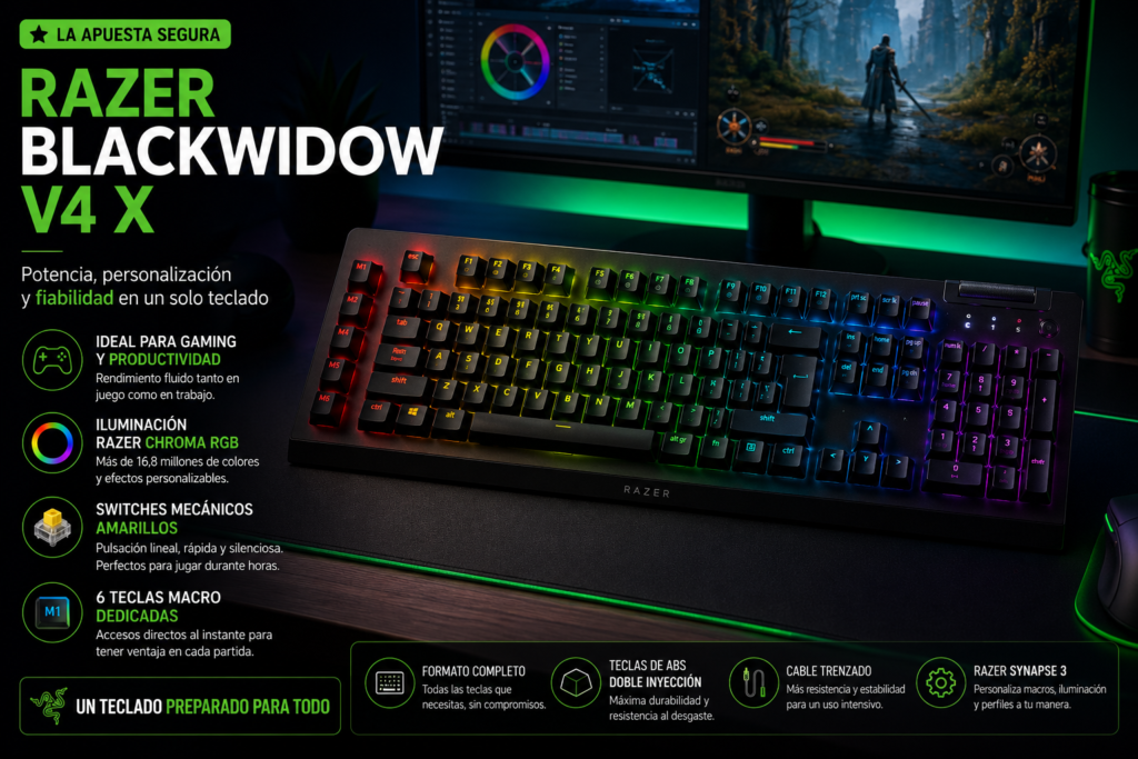 Teclado mecánico Razer BlackWidow V4 X con RGB Chroma, teclas macro dedicadas y formato completo recomendado para gaming y productividad.