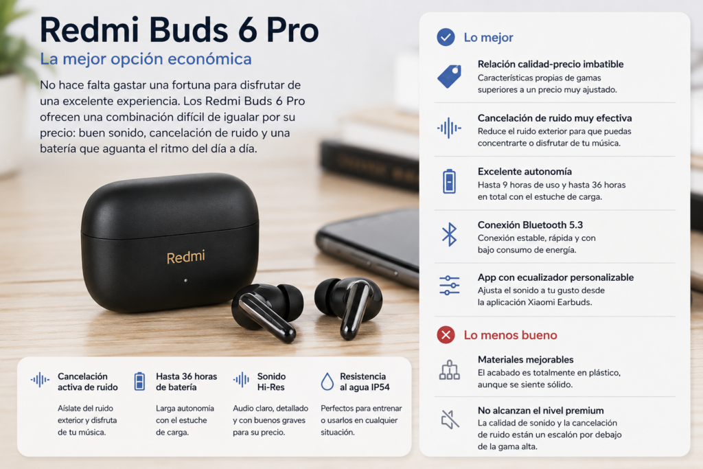 Auriculares Redmi Buds 6 Pro recomendados para quienes buscan una excelente relación calidad-precio y cancelación de ruido sin gastar demasiado.