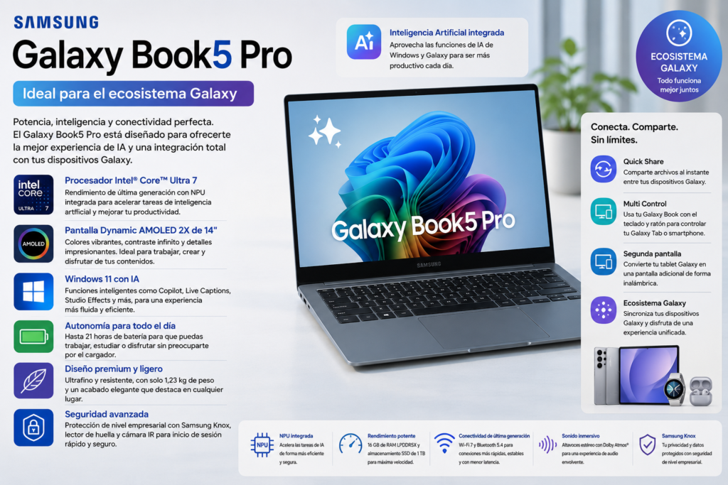 Samsung Galaxy Book5 Pro con procesador Intel Core Ultra 7, pantalla Dynamic AMOLED y funciones de inteligencia artificial, recomendado para usuarios del ecosistema Galaxy.