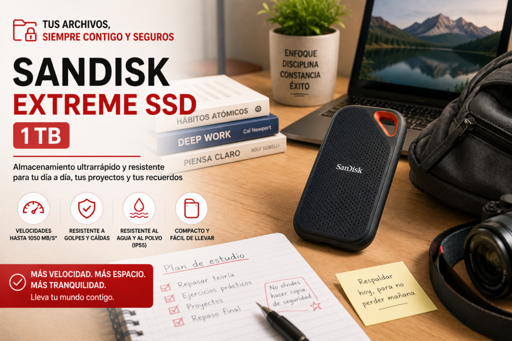SSD externo SanDisk Extreme de 1 TB recomendado para estudiantes que necesitan almacenar apuntes, proyectos y copias de seguridad de forma rápida y segura.