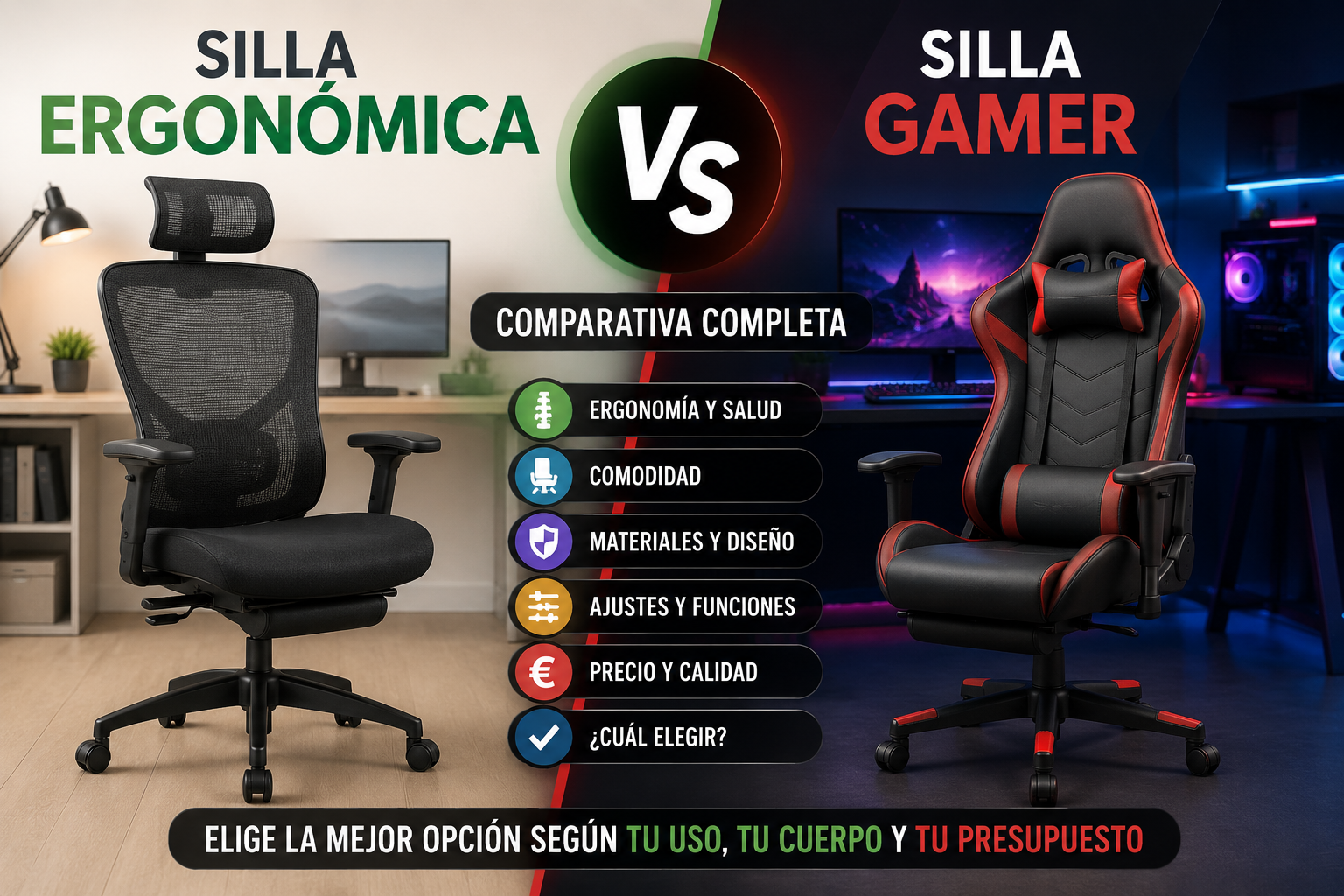 Comparativa entre una silla ergonómica y una silla gamer mostrando sus principales diferencias en ergonomía, comodidad, diseño, ajustes y relación calidad-precio para elegir la opción más adecuada según el uso.