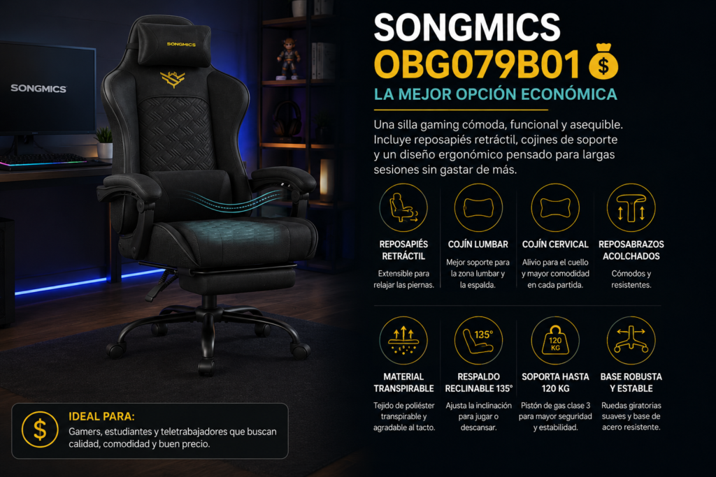 SONGMICS OBG079B01, silla gamer económica con reposapiés retráctil, respaldo reclinable, cojines lumbar y cervical, reposabrazos acolchados y diseño ergonómico para jugar o trabajar con comodidad.