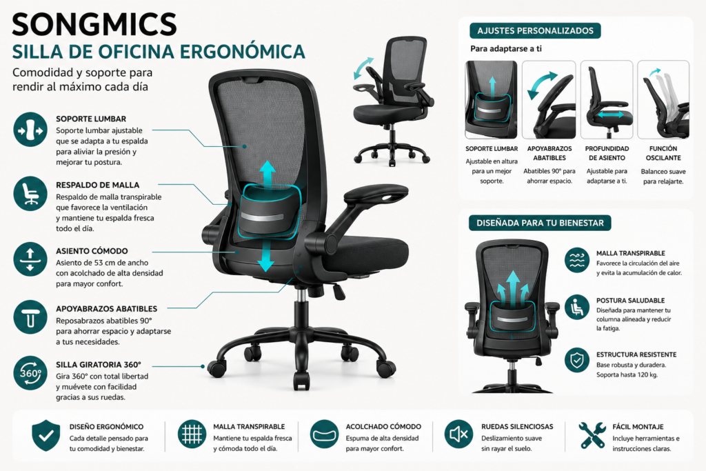 SONGMICS silla ergonómica de oficina con respaldo de malla transpirable, soporte lumbar ajustable, apoyabrazos abatibles y asiento acolchado para trabajar con comodidad durante largas jornadas.