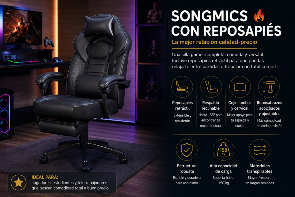 SONGMICS silla gamer con reposapiés retráctil, respaldo reclinable, cojines lumbar y cervical y diseño ergonómico para jugar o trabajar con máxima comodidad durante largas sesiones.