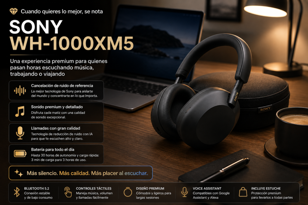 Auriculares Sony WH-1000XM5 recomendados para usuarios que buscan la mejor cancelación de ruido y una experiencia de sonido premium.
