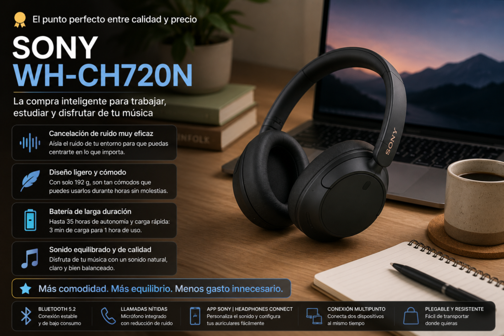 Auriculares Sony WH-CH720N recomendados para quienes buscan un equilibrio entre calidad, comodidad y precio.