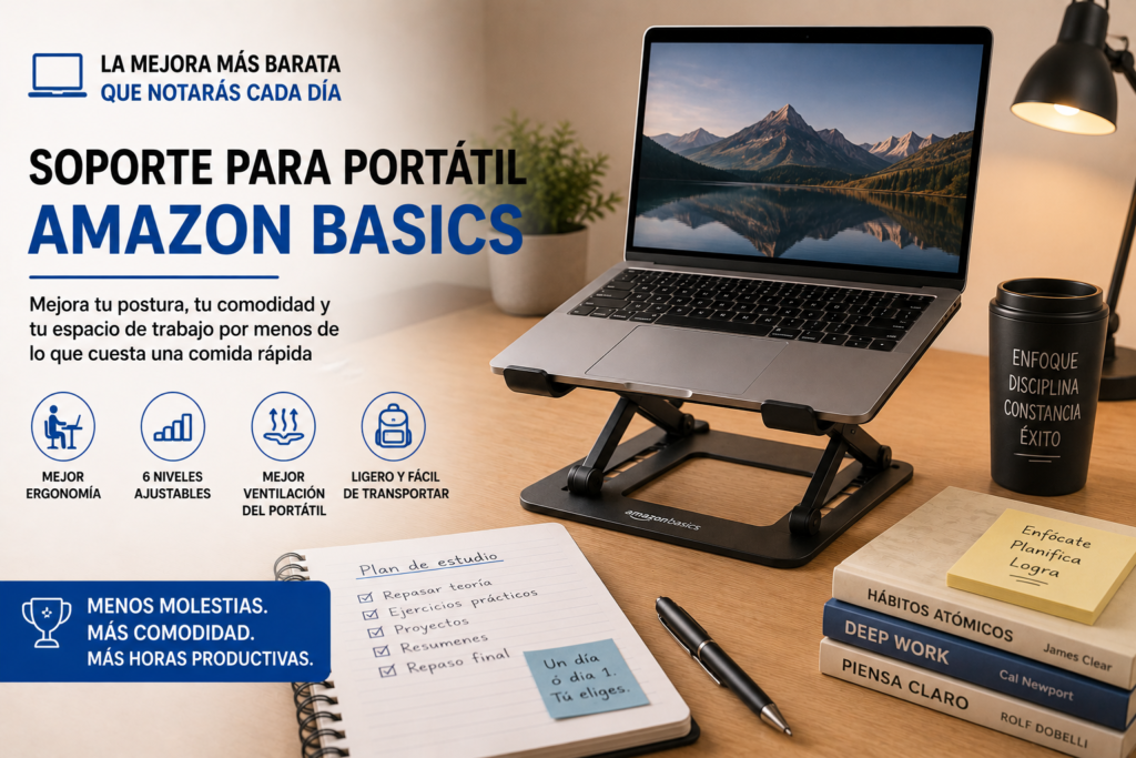 Soporte ajustable para portátil Amazon Basics utilizado por un estudiante para mejorar la postura y la comodidad durante largas sesiones de estudio.