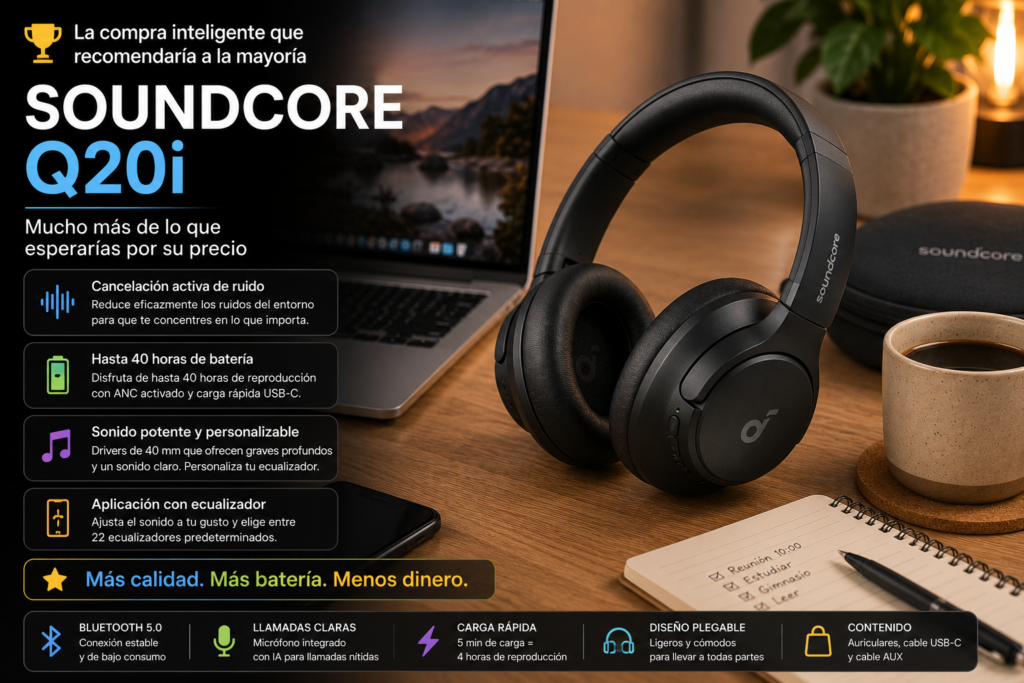 Auriculares Soundcore Q20i recomendados por su excelente relación calidad-precio, autonomía y cancelación de ruido.