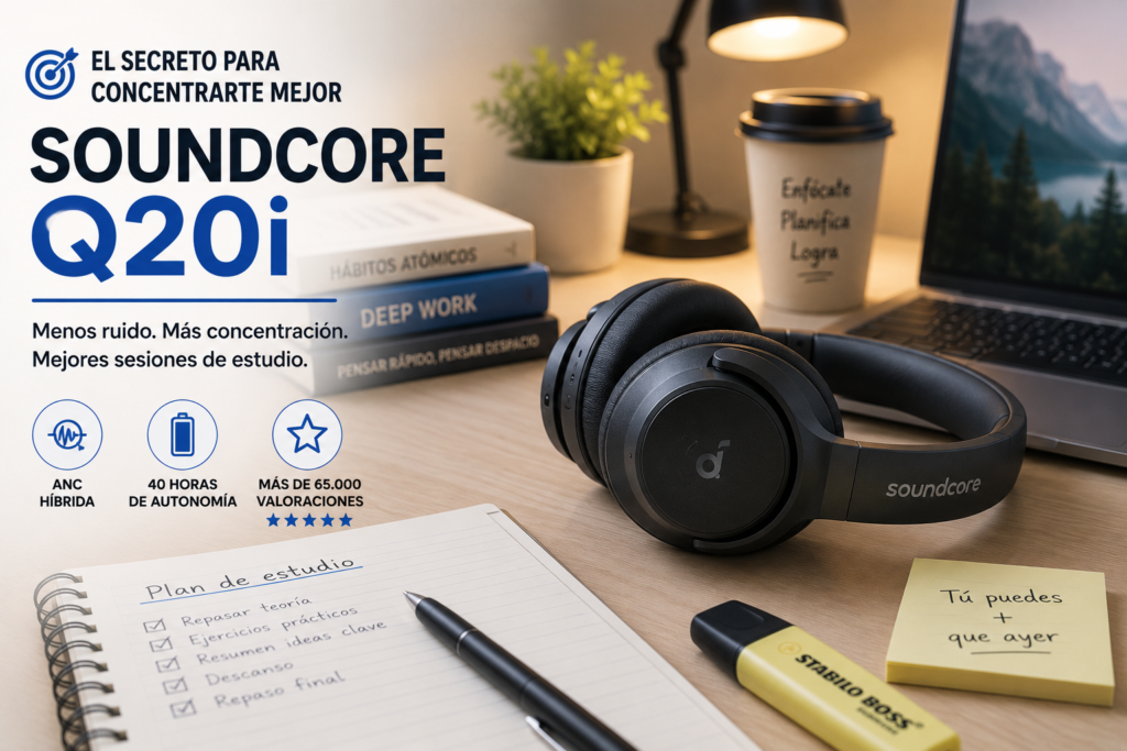 Auriculares Soundcore Q20i con cancelación de ruido recomendados para estudiantes que buscan mayor concentración durante el estudio.