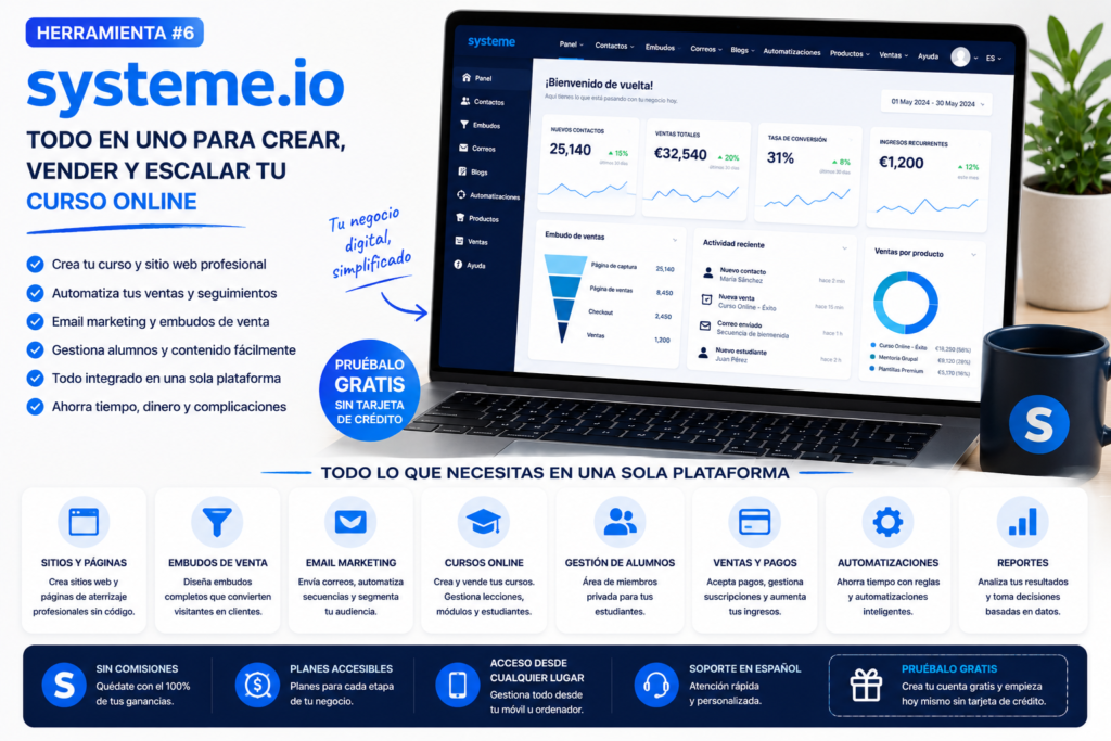Systeme.io utilizado para captar alumnos mediante páginas de captura, automatizar secuencias de email marketing y convertir suscriptores en compradores de cursos online desde una única plataforma.